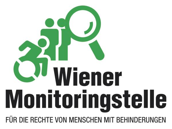 Dieses Bild zeigt das Logo der Wiener Monitoringstelle für die Rechte von Menschen mit Behinderungen. Es zeigt drei stilisierte Figuren und eine stilisierte Lupe über dem Schriftzug Wiener Monitoringstelle für die Rechte von Menschen mit Behinderungen.